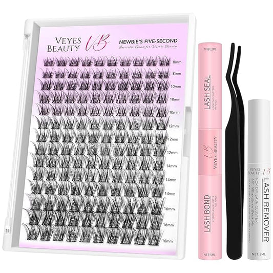 VEYESBEAUTY Lash Clusters Kit Individual Eyelash Extensions Thin & Invisible Band DIY False Eyelashes Newbie's Five-Second Series Wispy Lash Tray, LuxeBold KIT with Bond&Seal Remover Applicator