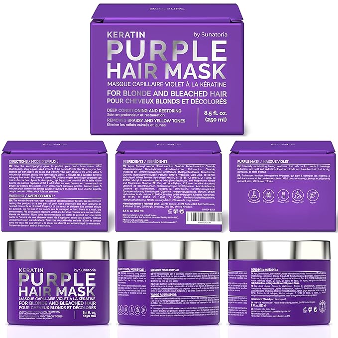 SUNATORIA New Keratin Purple Hair Mask- Blonde Hair Purple Toner - Repair & Nourishment Treatment For Bleached, Brassy Hair - Blue Hair Mask, No Yellow Tones - Deep Conditioner For Color Treated Locks