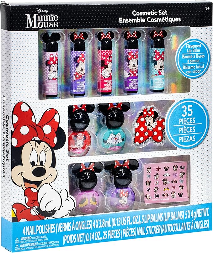 Townley Girl Disney Minnie Mouse Sparkly Cosmetic Makeup Set for Girls with Lip Balm Nail Polish Nail Stickers-35 Pcs|Perfect for Parties Sleepovers Makeovers|Birthday Gift for Girls above 3 Yrs, Kid