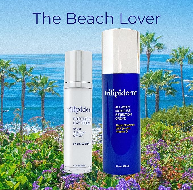Trilipiderm Beach Lover Bundle- All-Body Moisture Retention Crème Sunscreen (8oz) & Protective Day Crème Broad Spectrum SPF 30 (1.7oz), Sunscreen Lotion UVA/UVB Set for Face, Body, Travel Size